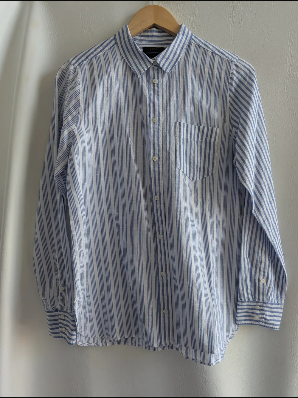J. Crew Linen Blend Light Blue and White Striped Button-Down Shirt - 10